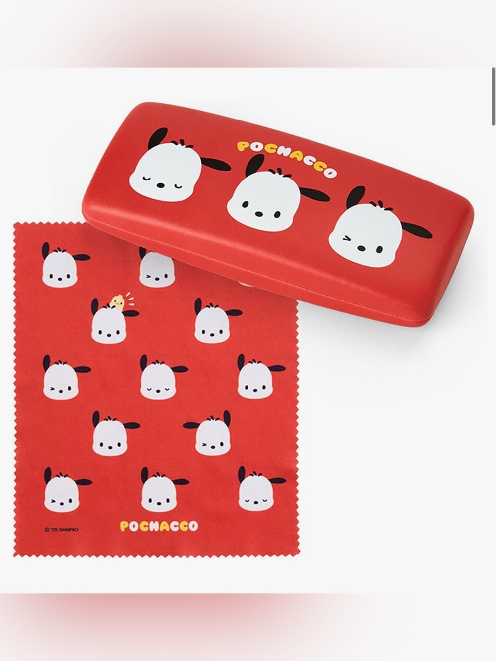 Sanrio Pochacco Red Eyeglass Case with Character Print Matching Cleaning Cloth
